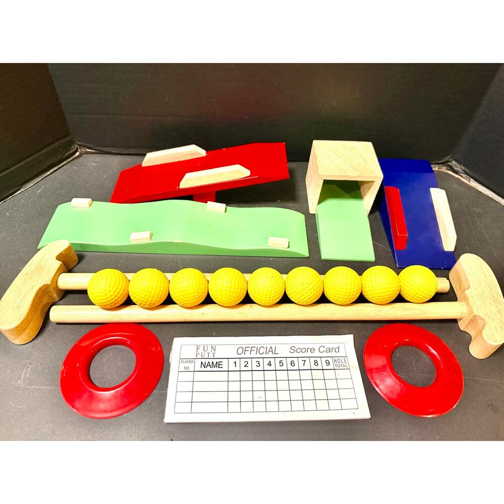 Pottery Barn Fun Putt wooden 4 obstacles 2 putters 2 holes score cards